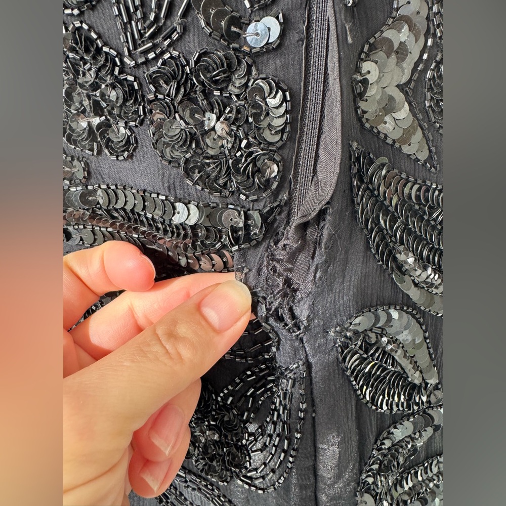 SWEEL O Vintage Black Beaded Sequin Cocktail Dress Long Sleeve Art Deco Midi - Picture 7 of 12